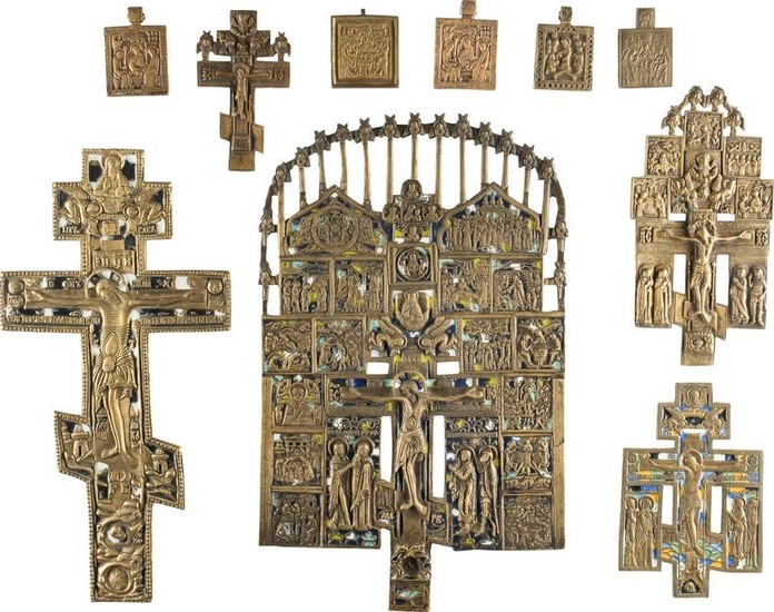 FIVE BRASS CRUCIFIXES AND FIVE SMALL BRASS ICONS