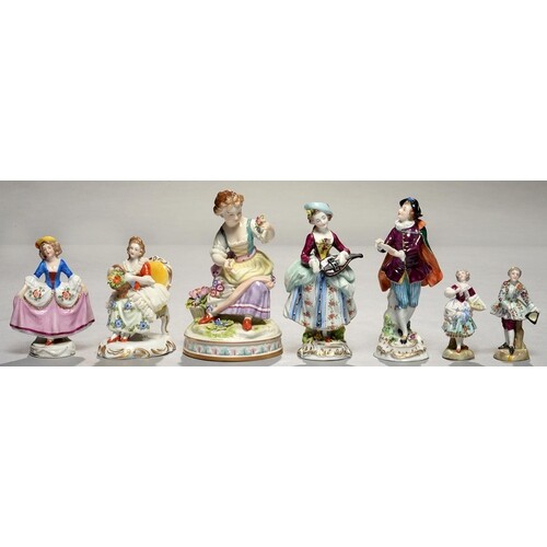 FIVE GERMAN PORCELAIN FIGURES OF MUSICIANS AND FLOWER GATHER...