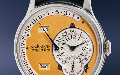 F.P. Journe, An early, well-preserved, and attractive platinum annual calendar wristwatch with retrograde date, brass movement, guarantee, and presentation box