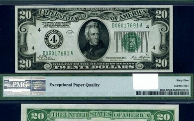 FR. 2050 D $20 1928 Federal Reserve Note Cleveland D-A Block Gem PMG CU65 EPQ
