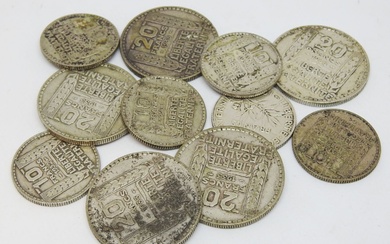 FRANCE Lot de monnaies en argent comprenant : 10 fr turin, 20 fr turin et...