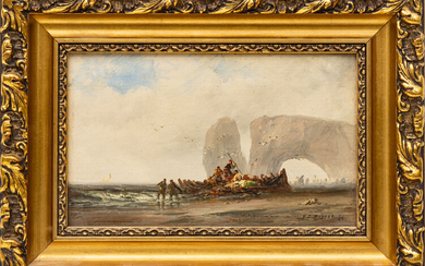 FRANKLIN D. BRISCOE (AMERICAN 1844-1903) OIL ON CANVAS 1896, H 5.6" W 9.25" SHIPWRECK AT ETRETAT