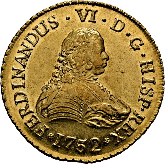 Fernando VI. Santiago de Chile. 8 escudos. 1752. Casi SC-/SC. Bellísimo ejemplar. Muy atractivo. Rarísima