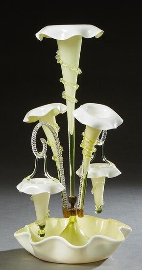 Fine Victorian Blown Cased Pale Yellow Glass Epergne