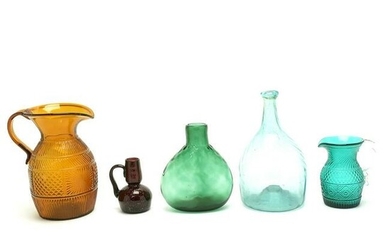 Five American Blown Glass and Blown Moulded Flasks and