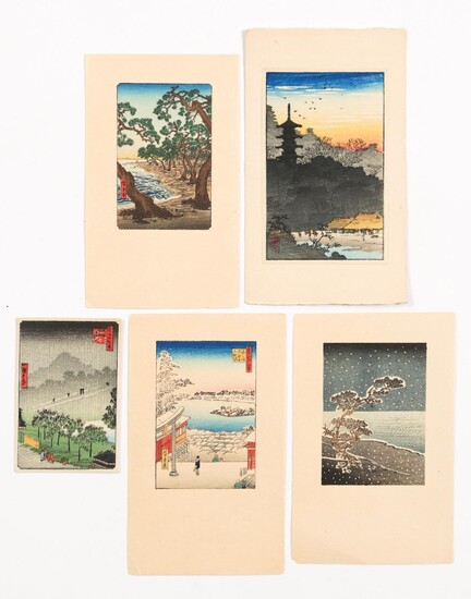 Five Miniature Japanese Reproduction Woodblock Prints, including Hiroshige FR3SHLM