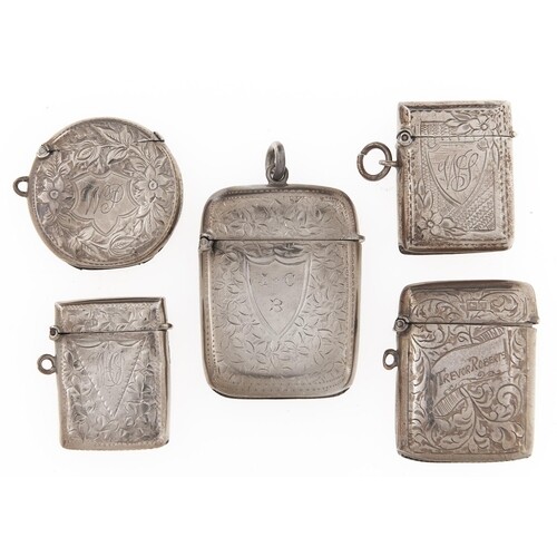 Five silver vesta cases, Victorian -George V, round example ...
