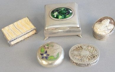 Five various silver boxes with mother of pearl to