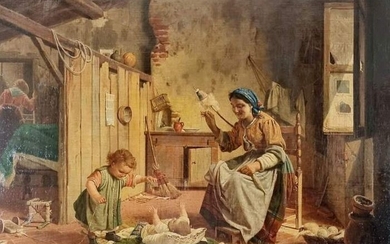 Flemisch School (XIX) - Huiselijk tafereel van een moeder met haar kinderen