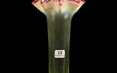 Footed Vase, Pink Opalescent To Vaseline Art Glass