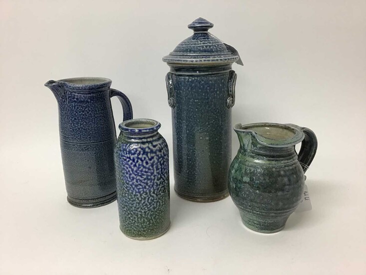 Four pieces of Deborah Baynes studio pottery including lidded storage jar, 29cm high, two jugs, 19.5cm and 15cm high and a vase, 15.5cm high (all salt glazed)
