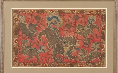 Framed Chinese Embroidered Textile of Temple Lions or
