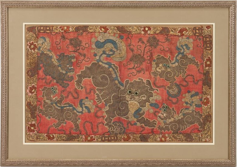 Framed Chinese Embroidered Textile of Temple Lions or