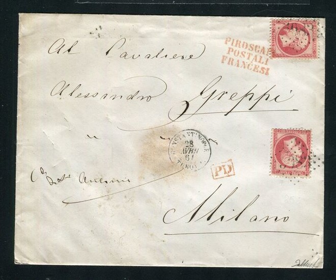France 1864 - Rare letter from Constantinople bound for Milan with two No. 24 stamps - “GC 5083” postmark