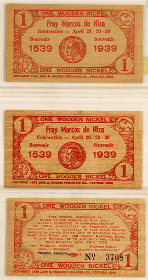 Fray Marcos de Niza 400 year celebration Wooden Rectangular Nickel. #60940