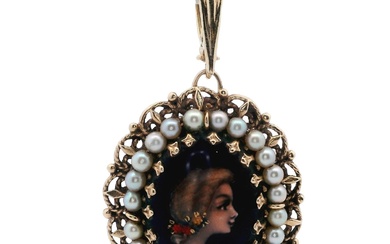 French Antique 14kt Gold Enamel Pendant / Brooch with Pearls