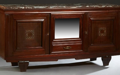French Art Deco Carved Mahogany Marble Top Sideboard