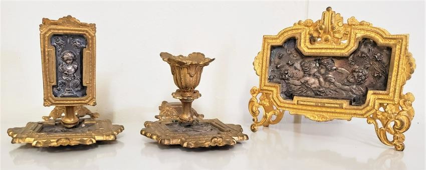 French Bronze Candle Stick, napkin Holder and Candle
