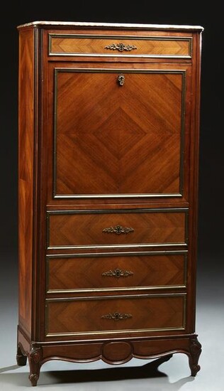 French Carved Mahogany Marble Top Secretary Abattant