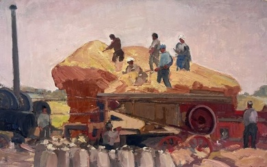 French Impressionist Oil Painting Mid 20th Century Harvest Workers in Field