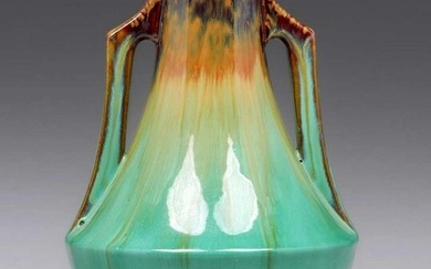 Fulper Pottery Mahogany & Green Flambe Two-Handled Vase