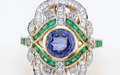(GIA Certified) - (Sapphire) 2.19 Ct - (Emerald) 0.58 Cts (24) Pcs - (Diamond) 0.54 Cts (40) Pcs - 14 kt. Bicolour - Ring