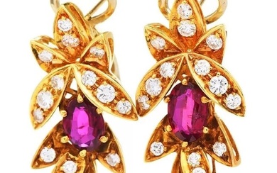 GIA Vintage Italian Diamond Ruby 18K Yellow Gold Dangle Leaf Floral Clip-On Earrings