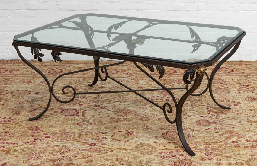 GLASS TOP AND WROUGHT IRON TABLE H 49.25" W 77.75" L 105.75"