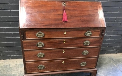 George III Mahogany Bureau, enclosing a fitted interior with central cupboard & 'secret' column drawers, with four graduate drawers...