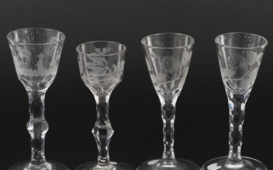Georgian Engraved Glass and Facet Cut Stem Gin and Liquor Glasses