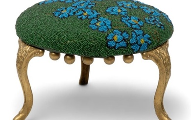 Glass Beaded Upholstered Footstool, Iron Legs, Ca. 20th C., H 6.5" Dia. 9"