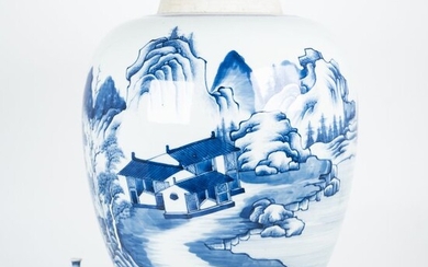 Globular vase - Porcelain - Large! - Scholars on a cliff in a mountainous river landscape - China - Qing Dynasty (1644-1911)