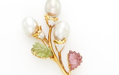 Gold, Baroque Cultured Pearl, Carved Tourmaline and Pink Tourmaline and Diamond Brooch