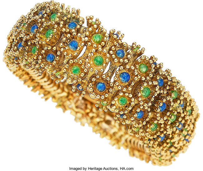 Gold, Enamel Bracelet The 18k gold bracelet is enhanced...
