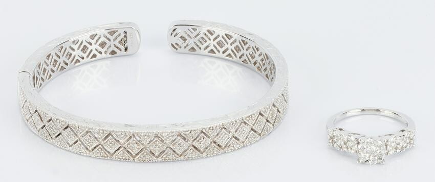 Gold & Diamond Ring w/ Sterling Diamond Bracelet
