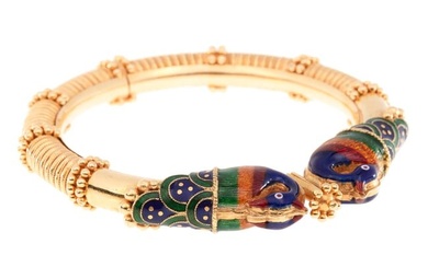 Gold and Enamel Peacock Bangle Bracelet