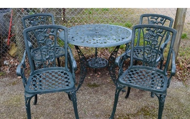 Green painted aluminium garden table and four elbow chairs w...