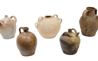 Group of Five French Provincial Earthenware Jugs, 19th c., Tallest- H.- 13 in., Dia.- 10 in. (5 Pcs.