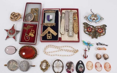 Group of antique and later brooches including a silver and enamel crest, various cameos, enamelled buckle, silver fruit knives, cultured pearl necklace with 9ct gold clasp, Masonic medal and other...