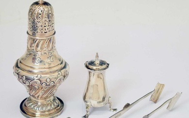 Group of silver to include late Victorian silver sugar sifter, asparagus tongs, etc