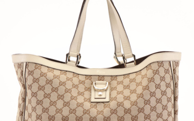 Gucci Abbey D- Ring Monogram Canvas White Leather Tote Bag