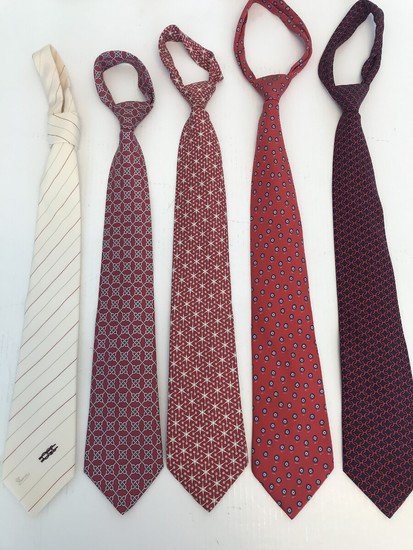 Gucci, Hermès: A collection of silk ties in red, blue and white colours. (5)
