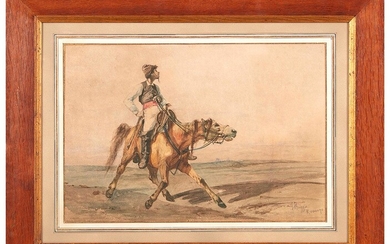 Guiseppe RAGGIO (1823-1916) Cavalier et son cheval au grand galop, 70 Aquarelle sur papier signée,...