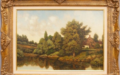 HENRY PEMBER SMITH OIL ON CANVAS COTTAGE BY POND