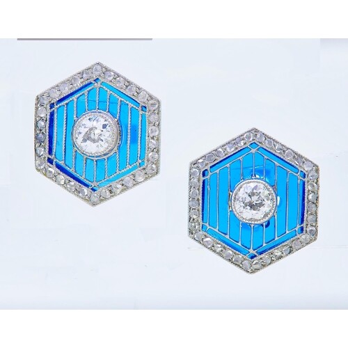 HEXAGONAL PAIR OF DIAMOND AND PLIQUE A JOUR EARRINGS, of ope...