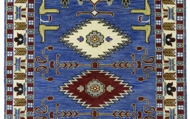 Hand-Knotted Blue Tribal Geometric 5X8 Kazak Oriental Rug Farmhouse Decor Carpet