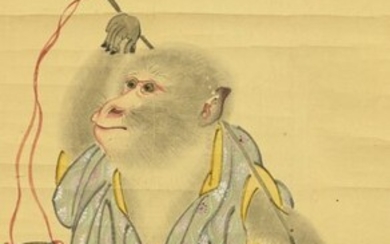Hanging scroll, Kakejiku - Paper - Watanabe Kiyoshi 渡辺清 (1778-1861), Yamato-e painter in Owari, Nagoya - Performance of a trained monkey - With seal Kiyoshi 清 - Japan - First half 19th century (Late Edo)