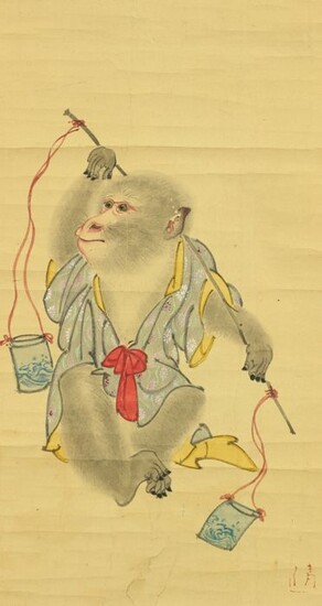 Hanging scroll, Kakejiku - Paper - Watanabe Kiyoshi 渡辺清 (1778-1861), Yamato-e painter in Owari, Nagoya - Performance of a trained monkey - With seal Kiyoshi 清 - Japan - First half 19th century (Late Edo)