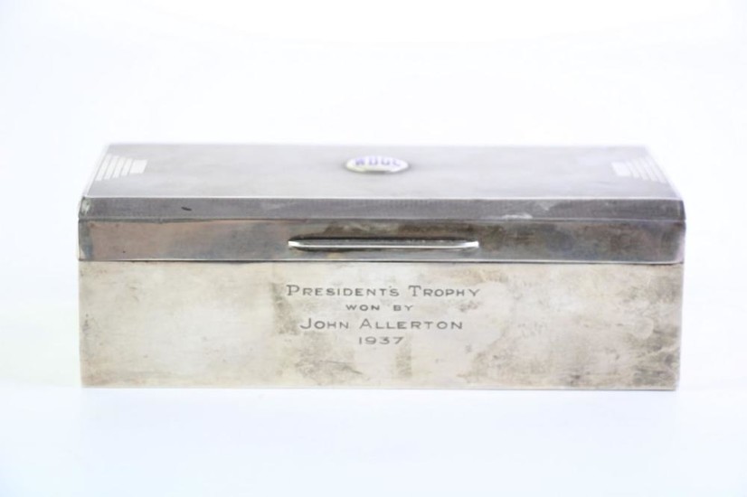 Hardy Bros Silver Cigar Box with cedar interior, engraved to front "Presidents Trophy won by John Allerton 1937, Hallmarked London c...