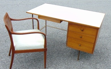 Harvey Probber desk & chair, desk has brass legs, top is 48" by 26.6", height is 28.5", caning on